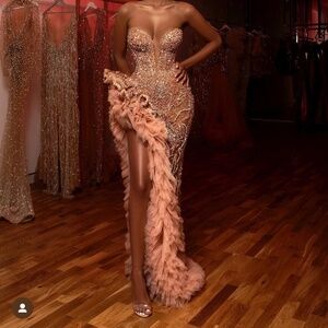 Albina Dyla Couture Beaded Nude Gown with Feathered Detail – Custom Designer Dre